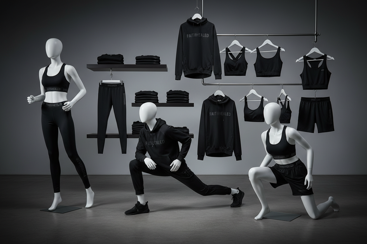 Multiple fitness clothing with Faithhealed logo on it all black